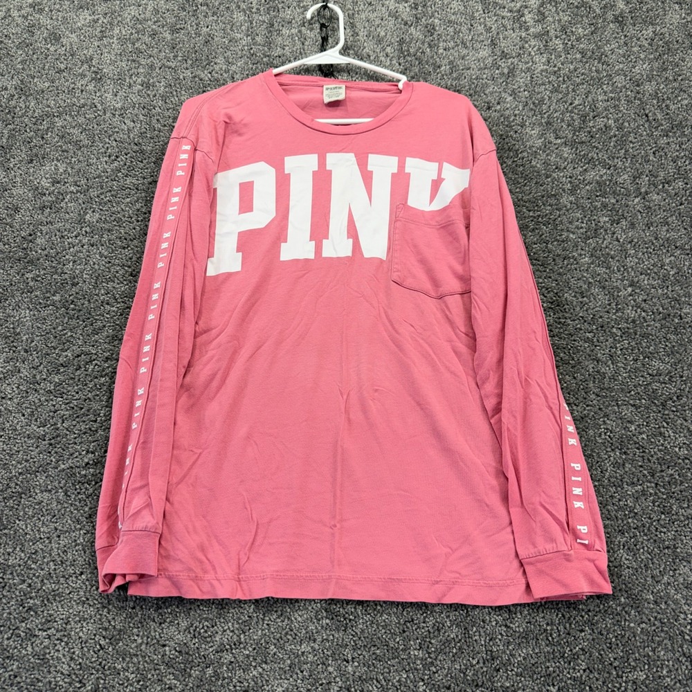 PINK Victoria Secret Long Sleeve Shirt Womens Large Pink Logo Pocket Crew Neck